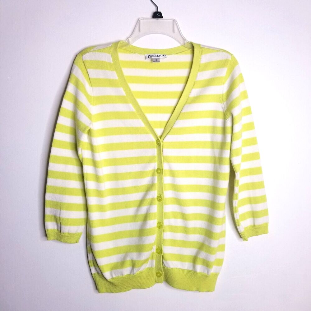 Pendleton Cardigan Sweater Womens Small Green White Striped V-Neck 3/4 Sleeve